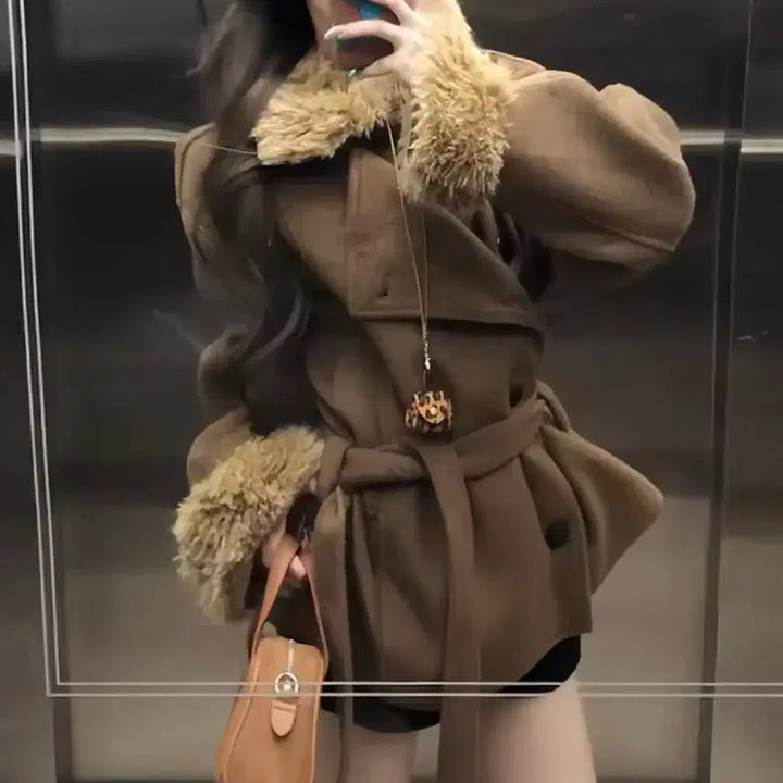 [BUNJANG] Brown Belted Mustang Coat / 브라운 무스탕 벨트 코트 / 데일리 캐주얼 러블리 빈티지 y2k