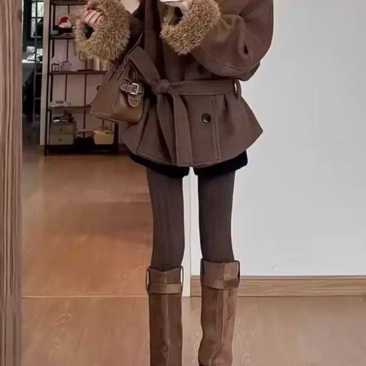 [BUNJANG] Brown Belted Mustang Coat / 브라운 무스탕 벨트 코트 / 데일리 캐주얼 러블리 빈티지 y2k
