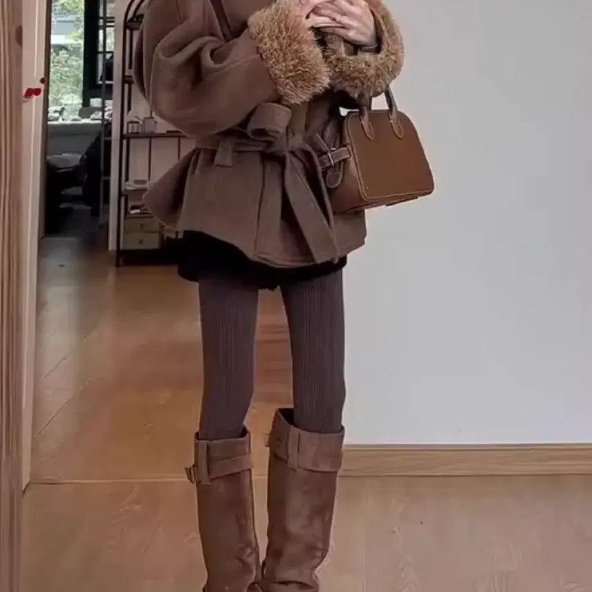 [BUNJANG] Brown Belted Mustang Coat / 브라운 무스탕 벨트 코트 / 데일리 캐주얼 러블리 빈티지 y2k