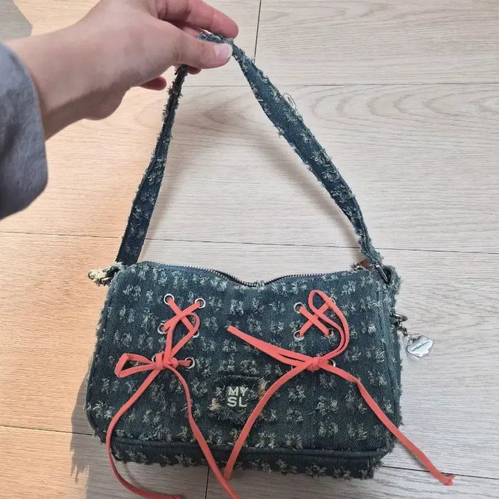 [BUNJANG] MyShel Denim Mini Shoulder Bag with Orange Ribbon / 마이쉘 데님 미니 숄더백 오렌지 리본