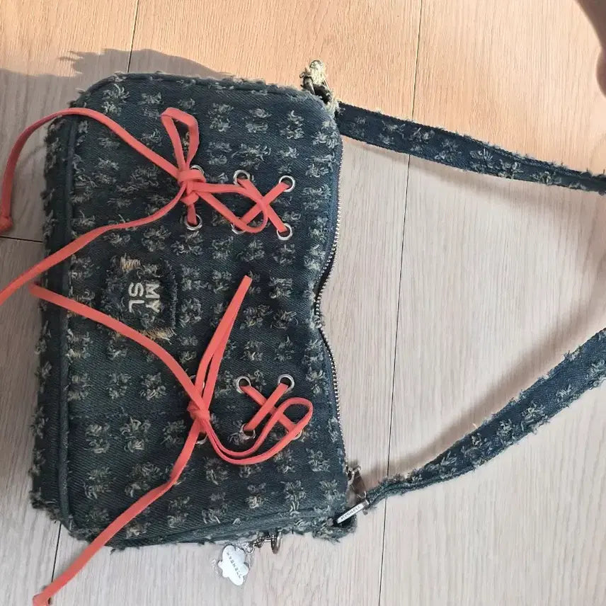 [BUNJANG] MyShel Denim Mini Shoulder Bag with Orange Ribbon / 마이쉘 데님 미니 숄더백 오렌지 리본