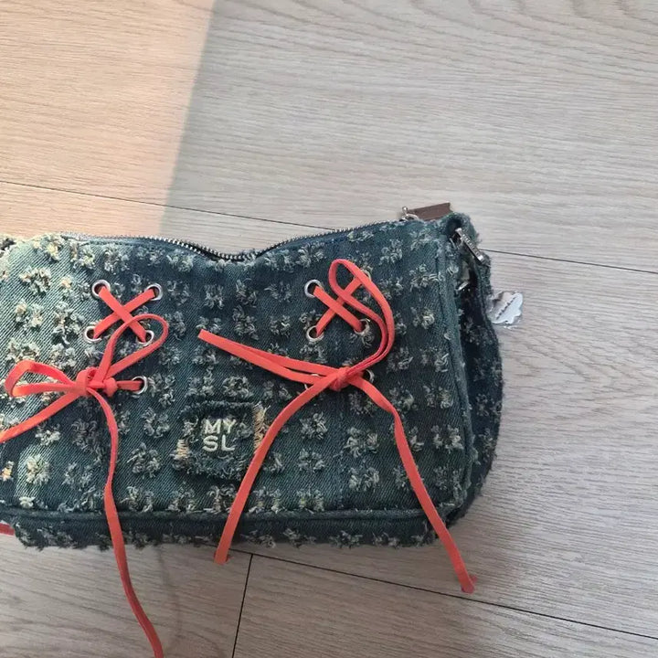 [BUNJANG] MyShel Denim Mini Shoulder Bag with Orange Ribbon / 마이쉘 데님 미니 숄더백 오렌지 리본