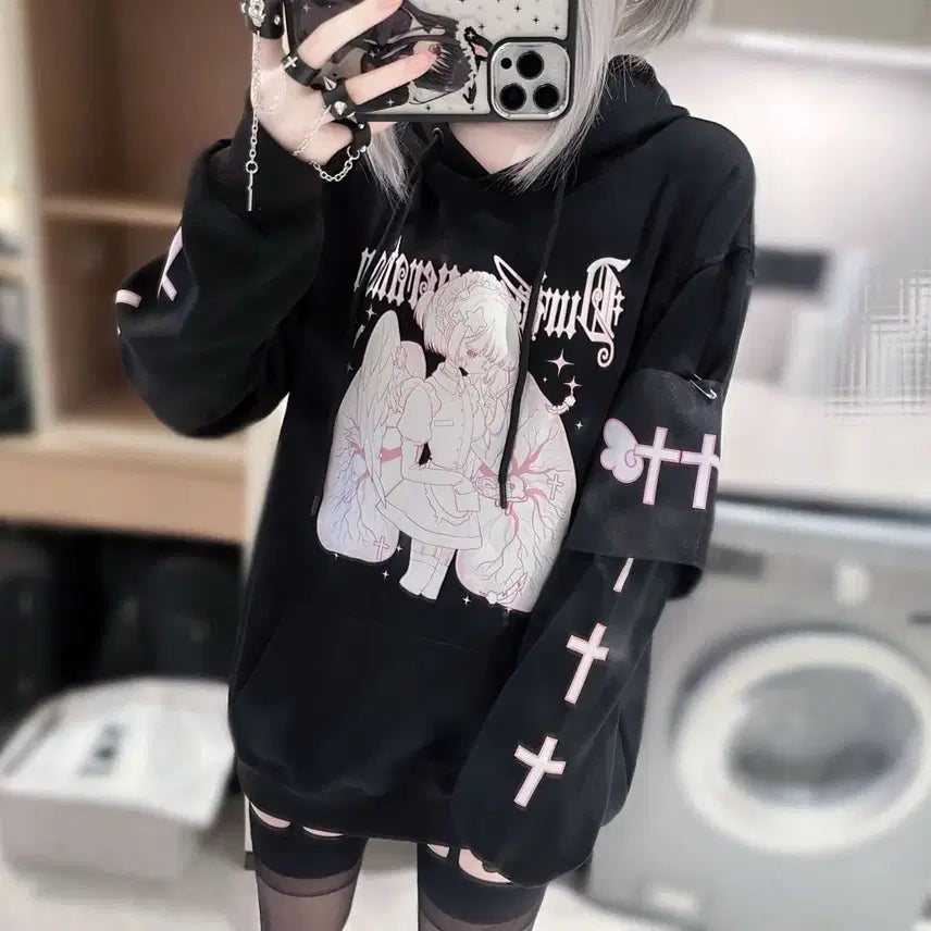 [BUNJANG] Subculture Style Made Print Hoodie / 지뢰계 서브컬처 스타일 메이드 프린트 후드티(2컬러)