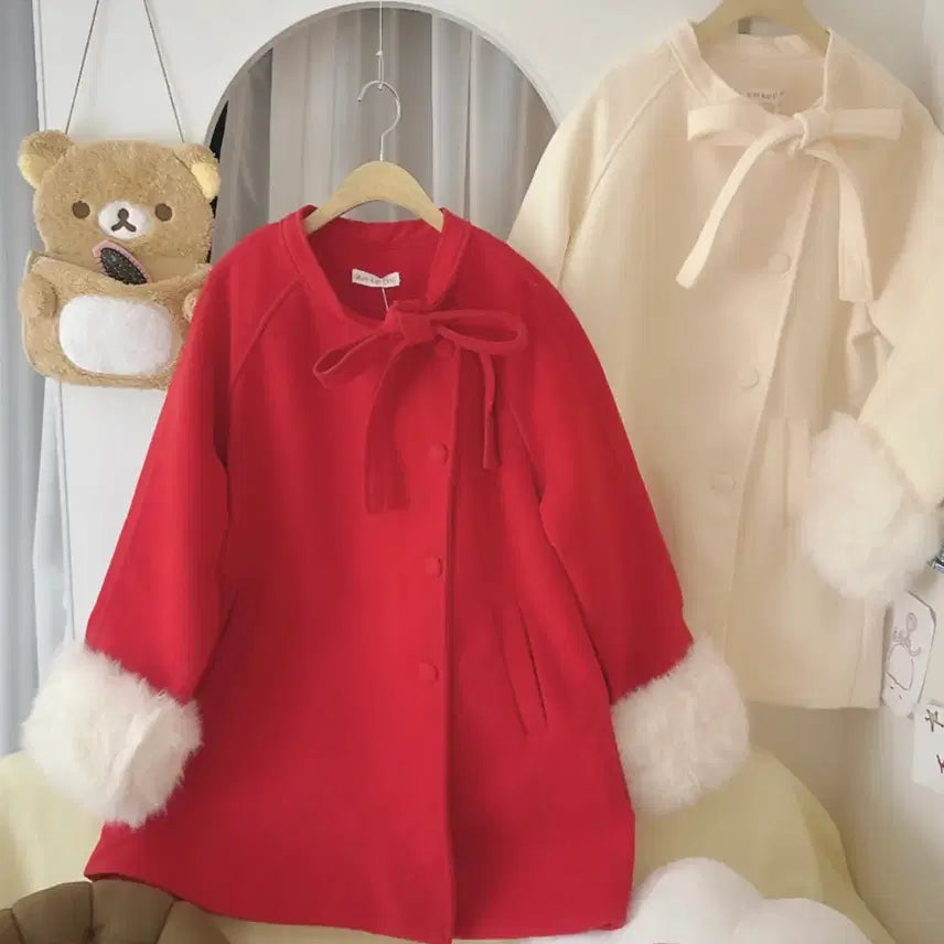 [BUNJANG] Red Ribbon Detachable Fur Coat / 착샷O새제품) 레드 리본 탈부착 퍼 코트
