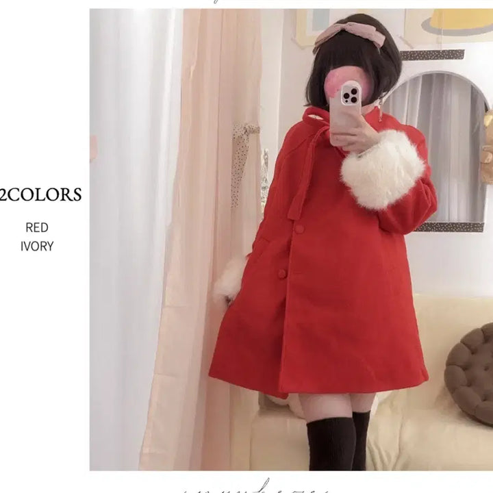 [BUNJANG] Red Ribbon Detachable Fur Coat / 착샷O새제품) 레드 리본 탈부착 퍼 코트