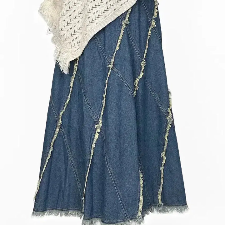 [BUNJANG] Vintage Goared Unbalanced Tassel Denim Long Skirt / 일본빈티지 고어드언발태슬라인 데님롱스커트청치마 모리걸하구미룩