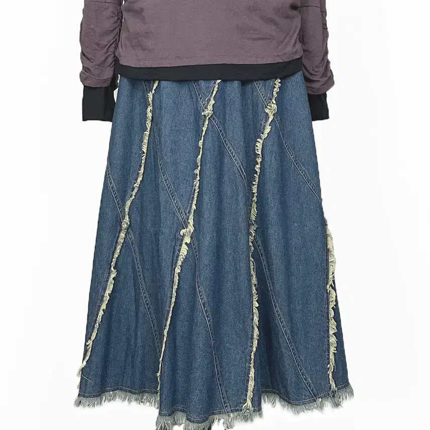 [BUNJANG] Vintage Goared Unbalanced Tassel Denim Long Skirt / 일본빈티지 고어드언발태슬라인 데님롱스커트청치마 모리걸하구미룩