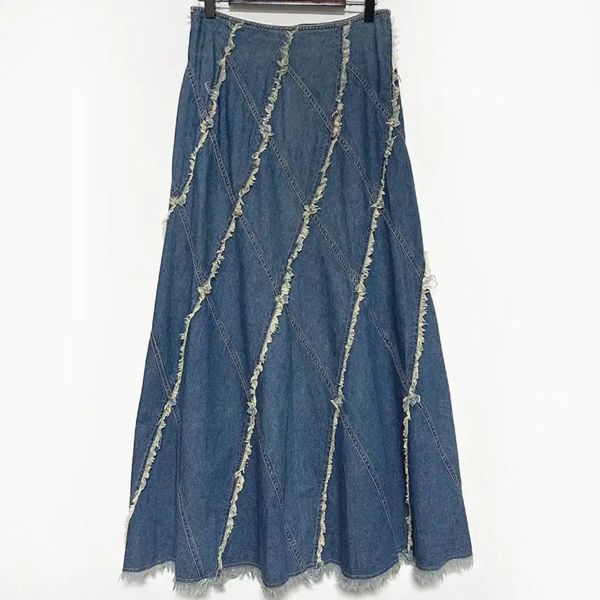 [BUNJANG] Vintage Goared Unbalanced Tassel Denim Long Skirt / 일본빈티지 고어드언발태슬라인 데님롱스커트청치마 모리걸하구미룩