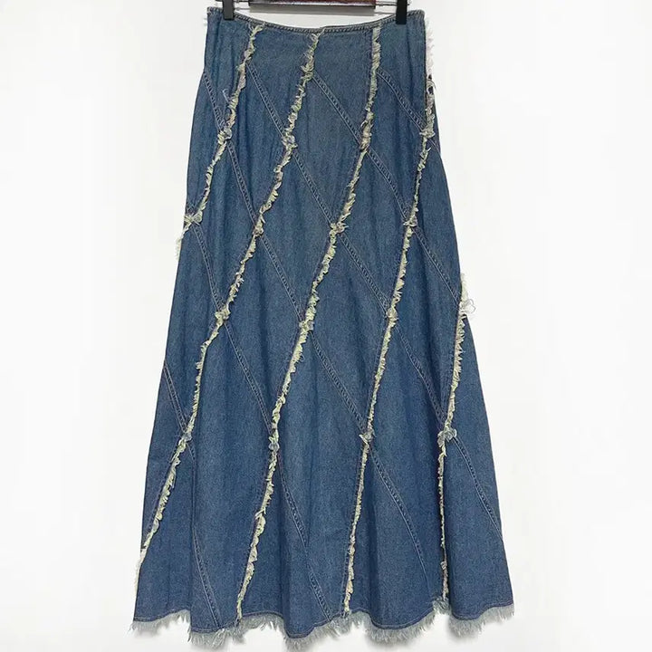 [BUNJANG] Vintage Goared Unbalanced Tassel Denim Long Skirt / 일본빈티지 고어드언발태슬라인 데님롱스커트청치마 모리걸하구미룩