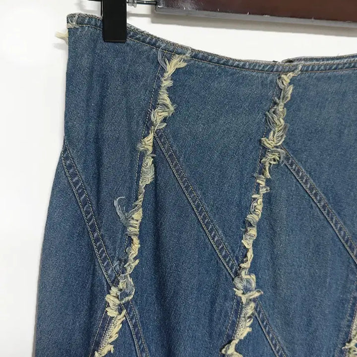 [BUNJANG] Vintage Goared Unbalanced Tassel Denim Long Skirt / 일본빈티지 고어드언발태슬라인 데님롱스커트청치마 모리걸하구미룩