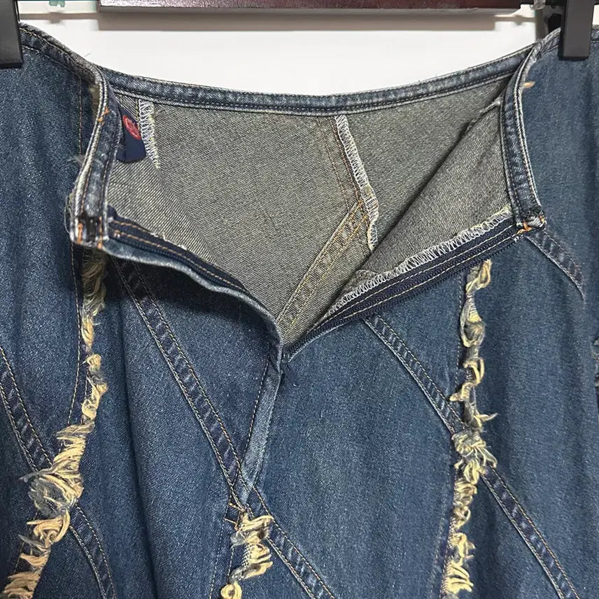 [BUNJANG] Vintage Goared Unbalanced Tassel Denim Long Skirt / 일본빈티지 고어드언발태슬라인 데님롱스커트청치마 모리걸하구미룩