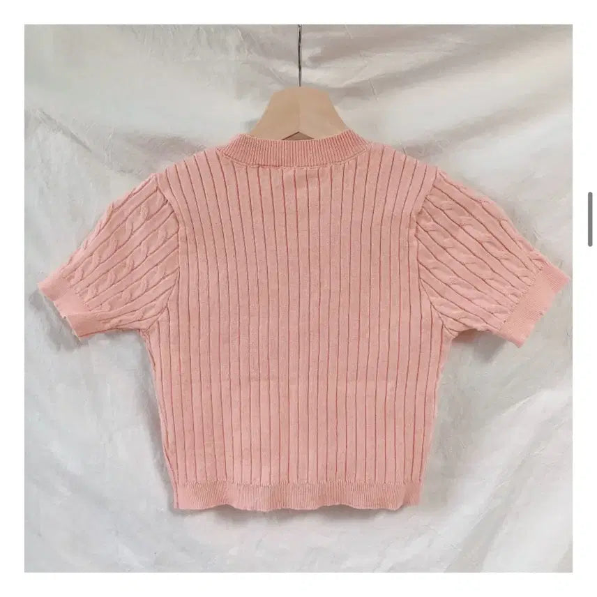 [BUNJANG] Pink Cable Knit Cardigan / 새상품 핑크 꽈배기 반팔 니트 가디건