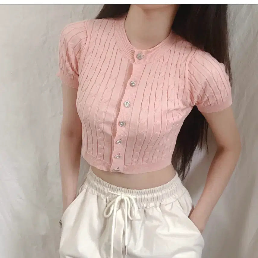 [BUNJANG] Pink Cable Knit Cardigan / 새상품 핑크 꽈배기 반팔 니트 가디건