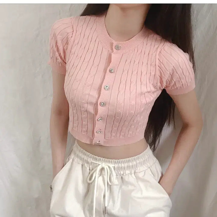 [BUNJANG] Pink Cable Knit Cardigan / 새상품 핑크 꽈배기 반팔 니트 가디건