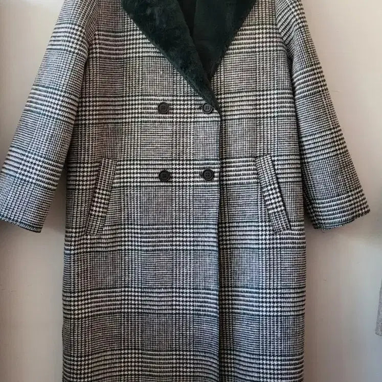 [SOLD OUT] 체크 롱 코트 그린 퍼 카라