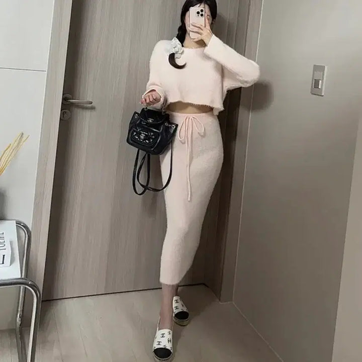[BUNJANG] Pink Angora Knit Two-Piece Set / [새상품/*빠른발송*] 핑크 뽀용 앙고라 니트 투피스 세트 Free