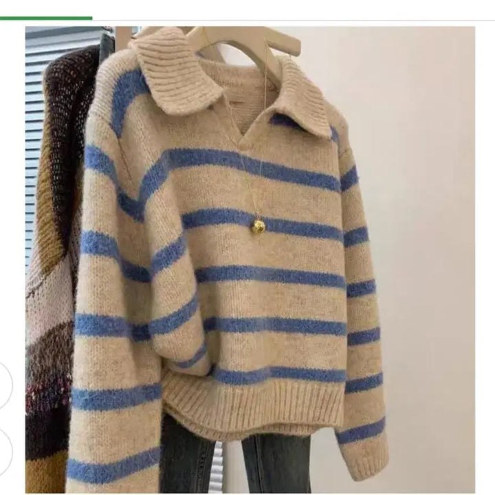 [BUNJANG] Stripe V-Neck Knit Top / @ 스트라이프 브이넥 니트 긴팔