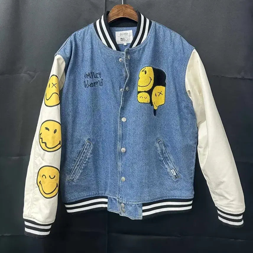 [BUNJANG] WONDER PLACE Field Walker Smiley Denim Varsity Jumper / 원더플레이스 필드워커 스마일리 데님 바시티 점퍼