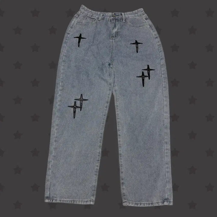 [BUNJANG] Vintage Japanese Leather Cross Layered Wide Denim Pants / 일본 빈티지 가죽 십자가 포인트 디테일 레이어드 와이드 데님 팬츠