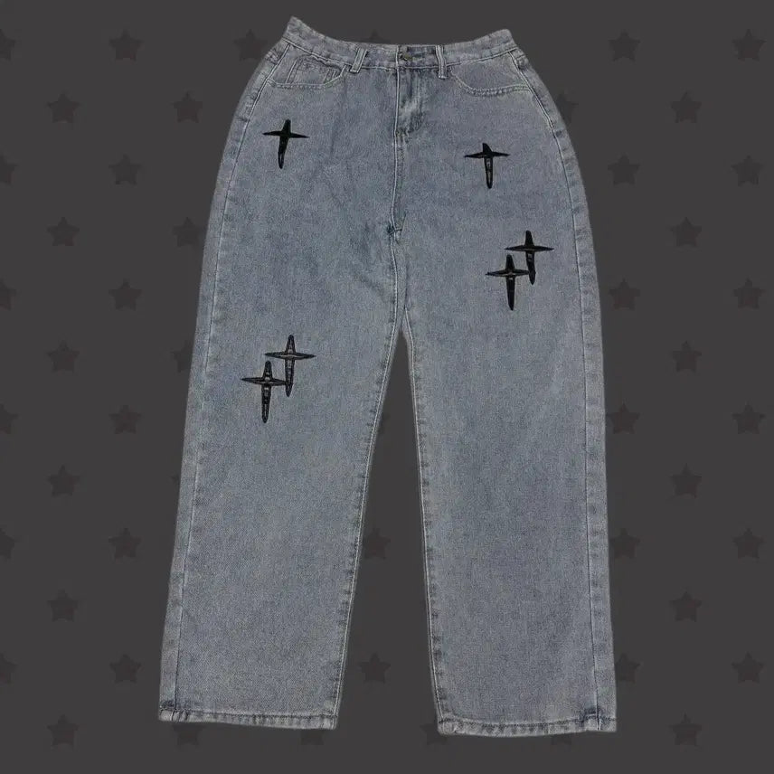 [BUNJANG] Vintage Japanese Leather Cross Layered Wide Denim Pants / 일본 빈티지 가죽 십자가 포인트 디테일 레이어드 와이드 데님 팬츠