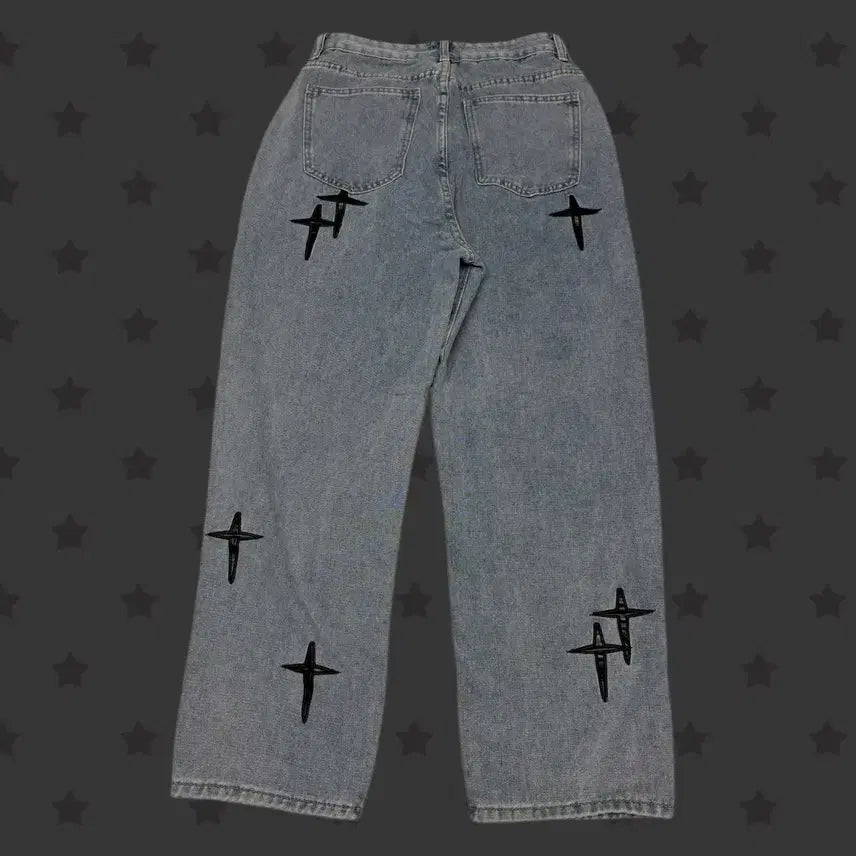 [BUNJANG] Vintage Japanese Leather Cross Layered Wide Denim Pants / 일본 빈티지 가죽 십자가 포인트 디테일 레이어드 와이드 데님 팬츠