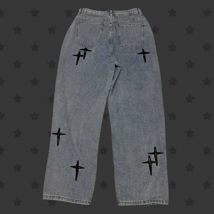 [BUNJANG] Vintage Japanese Leather Cross Layered Wide Denim Pants / 일본 빈티지 가죽 십자가 포인트 디테일 레이어드 와이드 데님 팬츠