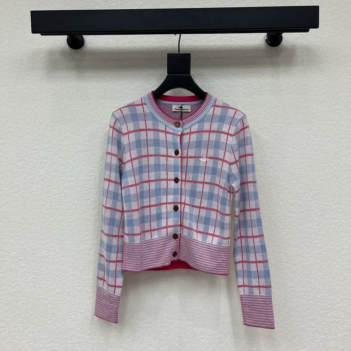 [BUNJANG] Vivienne Westwood Checkered Cardigan / 비비안웨스트우드 가디건  핑크 체크 자수 스몰로고 봄 여성