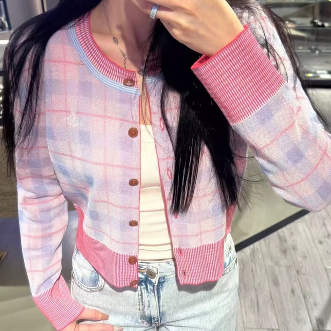 [BUNJANG] Vivienne Westwood Checkered Cardigan / 비비안웨스트우드 가디건  핑크 체크 자수 스몰로고 봄 여성