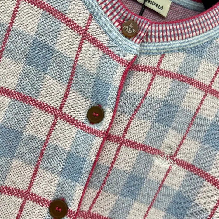 [BUNJANG] Vivienne Westwood Checkered Cardigan / 비비안웨스트우드 가디건  핑크 체크 자수 스몰로고 봄 여성