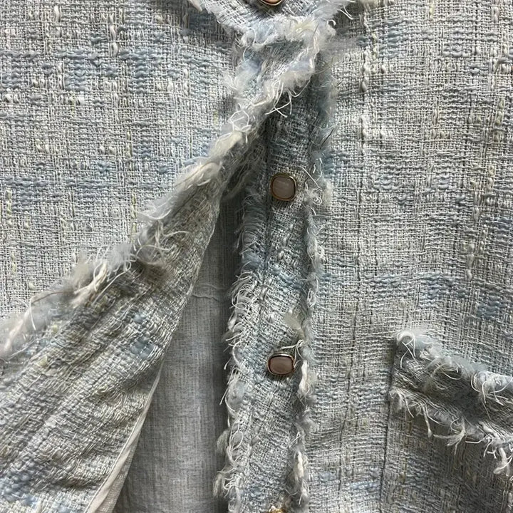 [BUNJANG] Luelle Light Sky Blue Tweed Crop Jacket / 루엘 연하늘색 트위드 테슬 크롭자켓 free