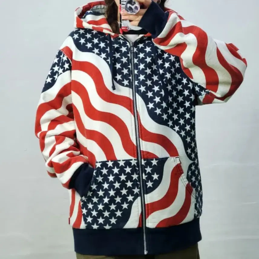 [BUNJANG] Supreme 14FW 3M Reflective USA Thermal Zip Up Hoodie / [XL] 슈프림 14FW 3M 리플렉티브 성조기 써멀 후드집업