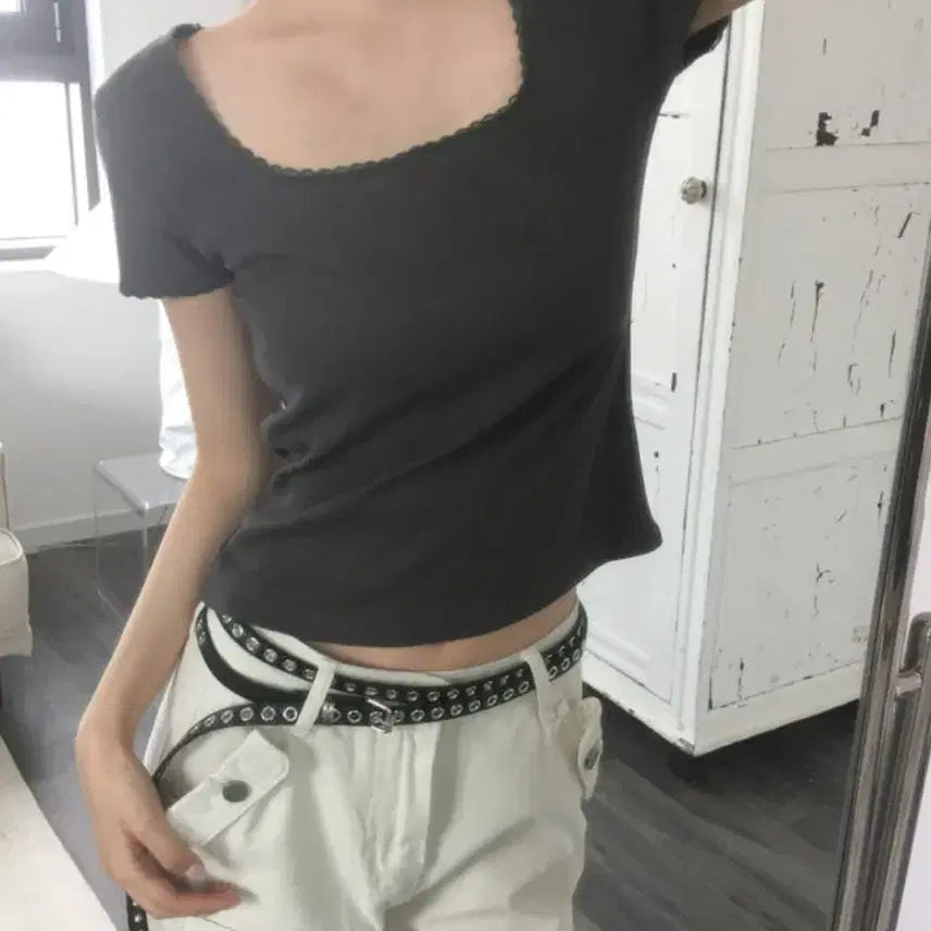 [BUNJANG] Wonder Wonder Charcoal Race Short Sleeve T-shirt / 원더원더 레이스반팔티셔츠 차콜