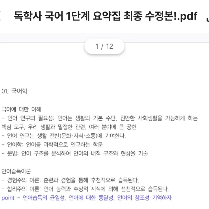 [BUNJANG] Dokhaksa Level 1 Korean Summary Notes / 독학사 1단계 국어 요약본