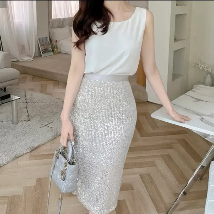 [SOLD OUT] 렌느 스팽글 미디 스커트 실버 새상품