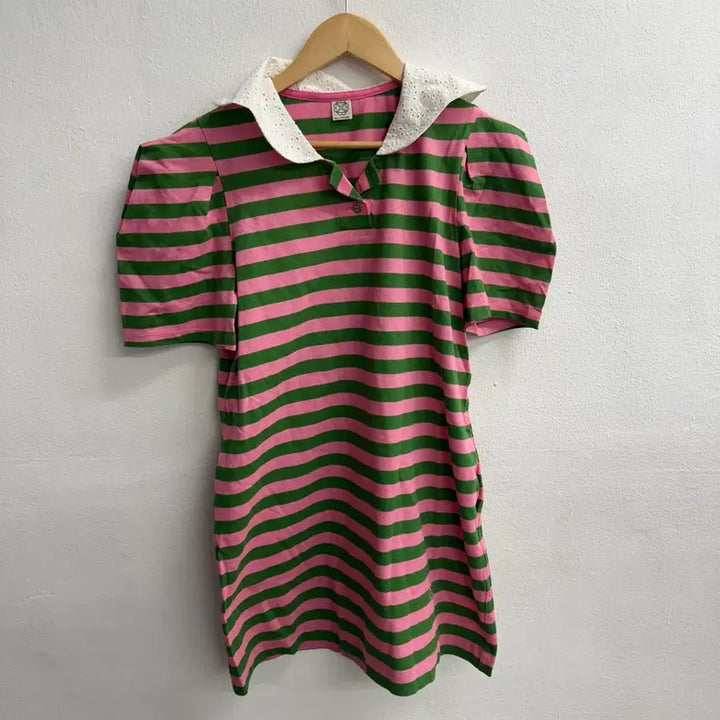 [BUNJANG] a.t.corner Pink/Green Stripe Collar Shirt / a.t.corner 엣코너 핑크/그린 스트라이프 카라티