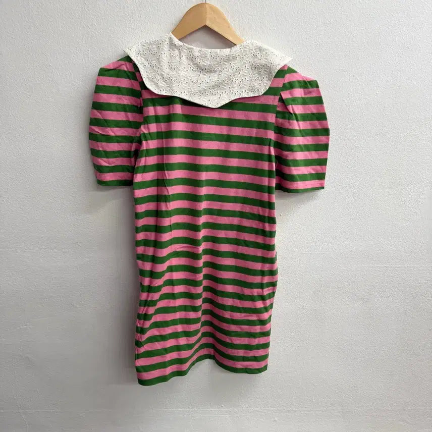 [BUNJANG] a.t.corner Pink/Green Stripe Collar Shirt / a.t.corner 엣코너 핑크/그린 스트라이프 카라티
