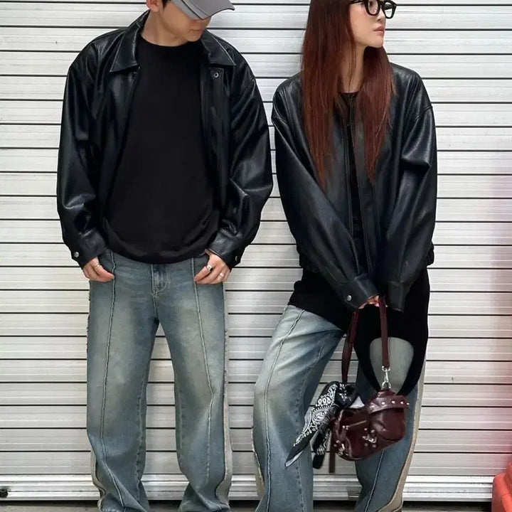 [BUNJANG] Dainit Eco-Leather Bomber Jacket / 다이닛 ECO-LEATHER BOMBER BANDED JUMPER