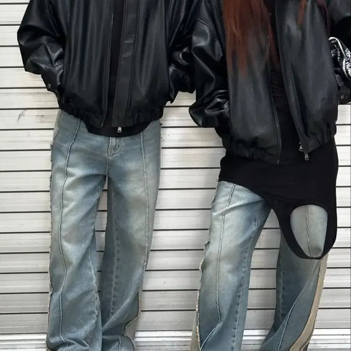 [BUNJANG] Dainit Eco-Leather Bomber Jacket / 다이닛 ECO-LEATHER BOMBER BANDED JUMPER