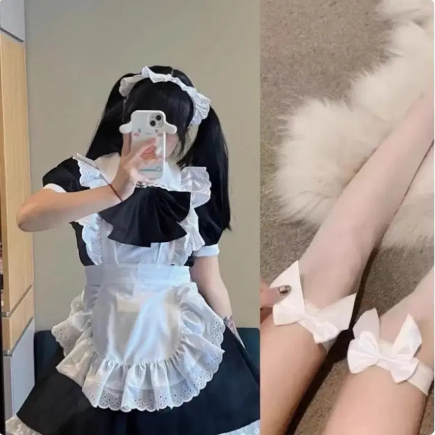 [BUNJANG] Cosplay Maid Dress Set / 서브컬처 코스프레 메이드복+스타킹+머리장식 세트