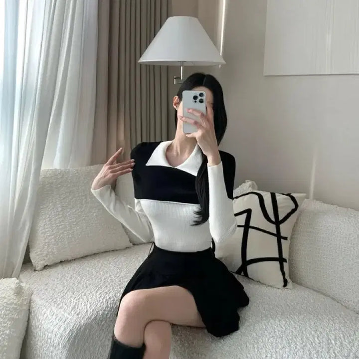 [BUNJANG] Imported Knit Sweater / [새상품] 양모 케이프 배색 카라니트 하객룩 수입의류