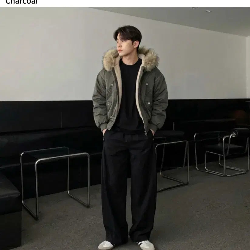 [BUNJANG] Short Hooded Raccoon Fur Crop Padded Jacket / 라쿤 퍼  후드 숏패딩 크롭 차콜카키