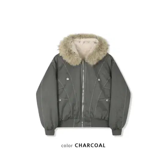 [BUNJANG] Short Hooded Raccoon Fur Crop Padded Jacket / 라쿤 퍼  후드 숏패딩 크롭 차콜카키