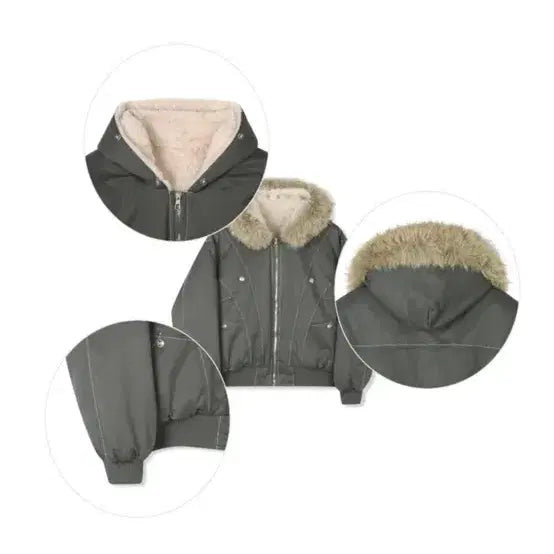[BUNJANG] Short Hooded Raccoon Fur Crop Padded Jacket / 라쿤 퍼  후드 숏패딩 크롭 차콜카키