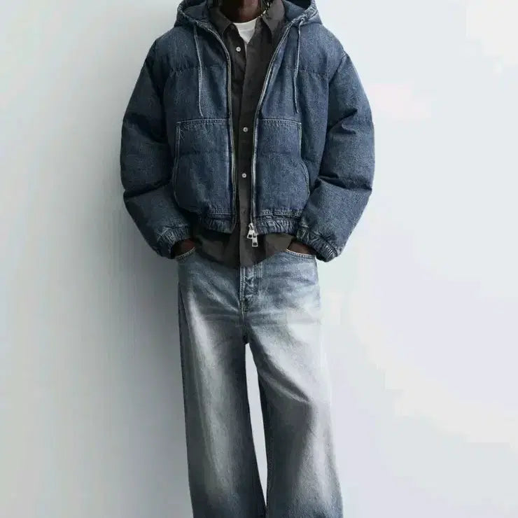 [BUNJANG] ZARA Quilted Denim Jacket / L) 자라 퀄티드 데님 자켓 크롭핏 중청 워싱 패딩점퍼 0774 365