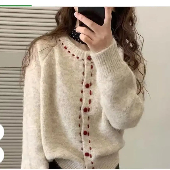 [BUNJANG] Red Stitched Knit Cardigan (Wool Blend) / @포근한 레드 스티치 니트 가디건 (울혼방)