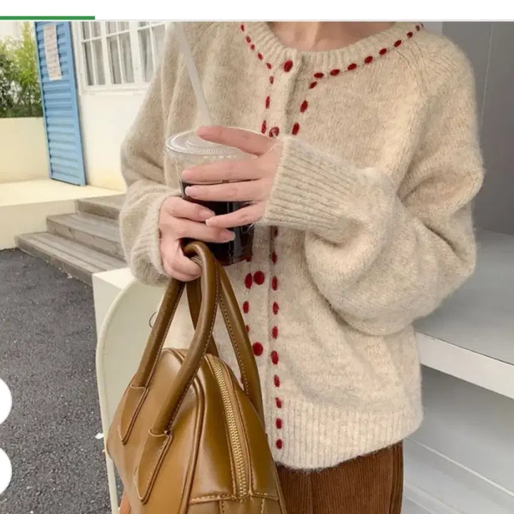 [BUNJANG] Red Stitched Knit Cardigan (Wool Blend) / @포근한 레드 스티치 니트 가디건 (울혼방)