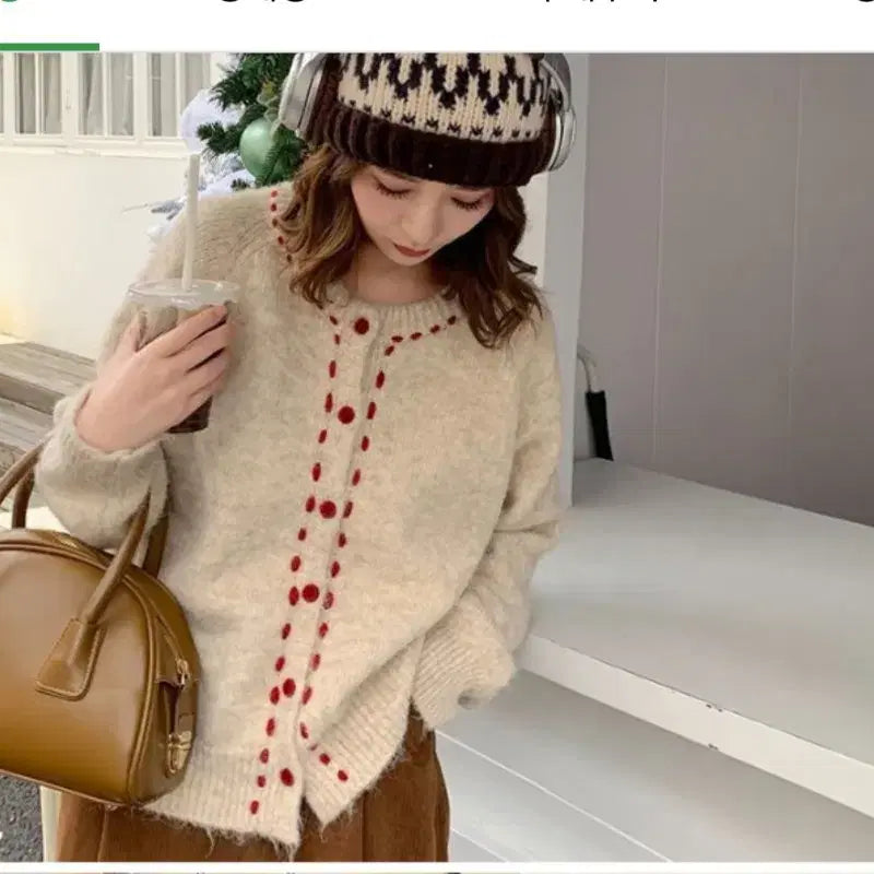 [BUNJANG] Red Stitched Knit Cardigan (Wool Blend) / @포근한 레드 스티치 니트 가디건 (울혼방)