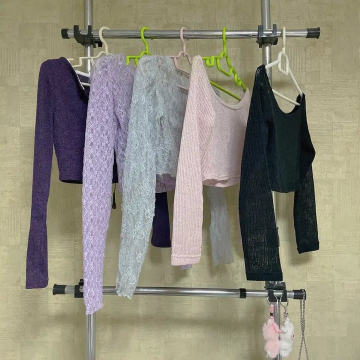 [BUNJANG] Crop Long Sleeve T-Shirt Bundle Set, Lace Wave Blouse / (5종 일괄) 크롭 긴팔 티셔츠, 레이스 물결 블라우스