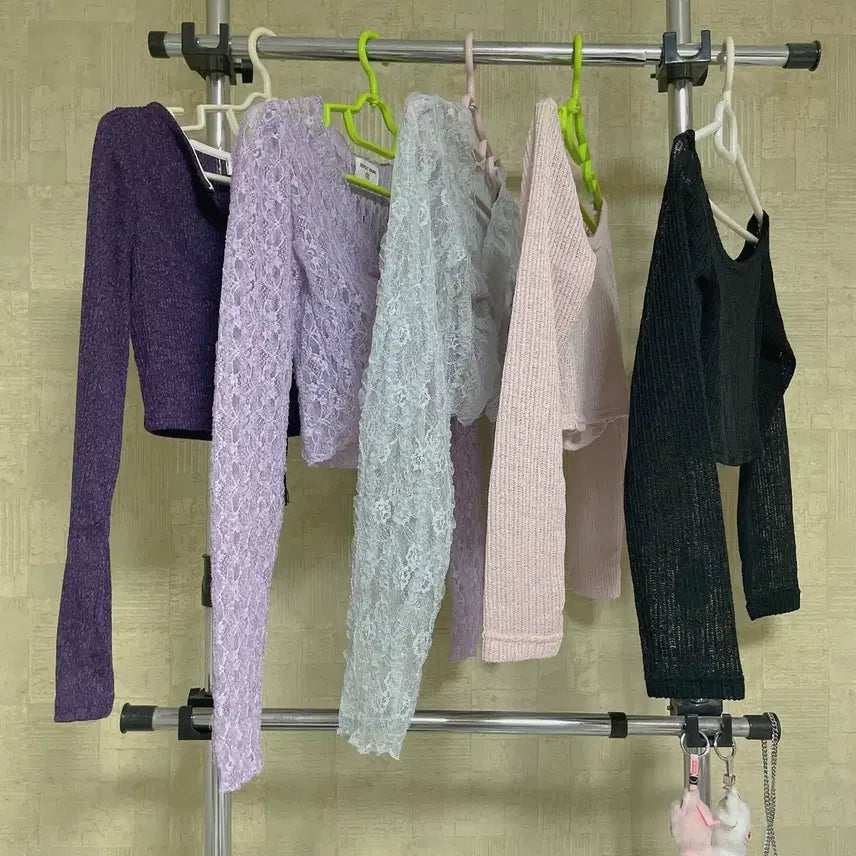 [BUNJANG] Crop Long Sleeve T-Shirt Bundle Set, Lace Wave Blouse / (5종 일괄) 크롭 긴팔 티셔츠, 레이스 물결 블라우스