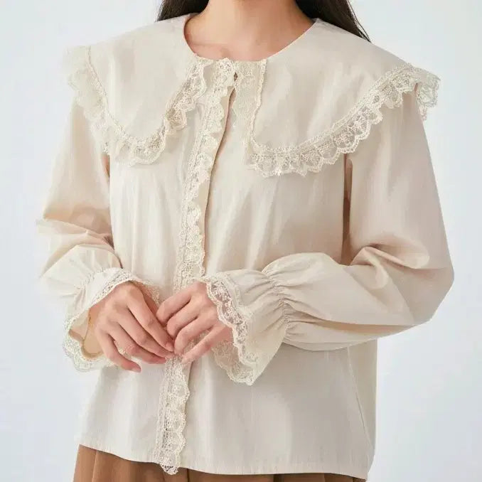 [BUNJANG] Pastel Peach Lace Frill Big Collar Blouse / 레이스 프릴 빅카라 블라우스 파스텔피치
